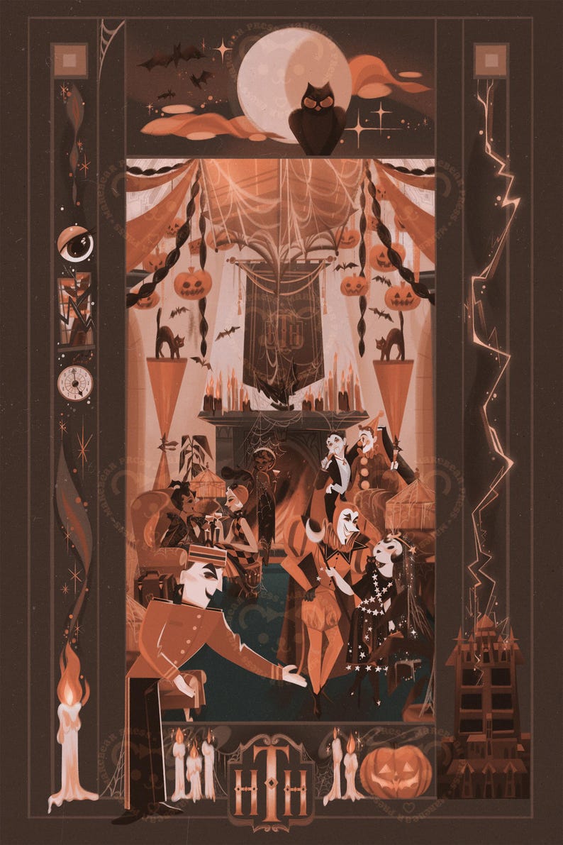 May include: A Halloween-themed illustration with a full moon, an owl, and bats. The scene depicts a party with costumed figures, pumpkins, and candles, rendered in shades of brown and orange.
