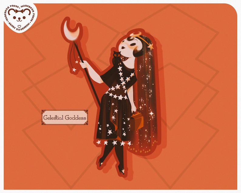 May include: Illustration of a celestial goddess in a dark dress adorned with stars, holding a crescent moon staff. A black cat sits on her shoulder. The image has the text "Celestial Goddess" on a banner.