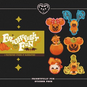 May include: A set of 6 weatherproof stickers featuring a variety of Halloween-themed characters. The stickers are orange, yellow, and brown with black outlines. The stickers are arranged in a circle around a rectangular sticker that says "Frightfully Fun" in a retro font.