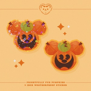 May include: Two 3-inch weatherproof stickers featuring a pumpkin with a Mickey Mouse face. The pumpkins are orange with green stems and have glitter accents. The text "FRIGHTFULLY FUN PUMPKINS" and "3 INCH WEATHERPROOF STICKER" is printed below the pumpkins.