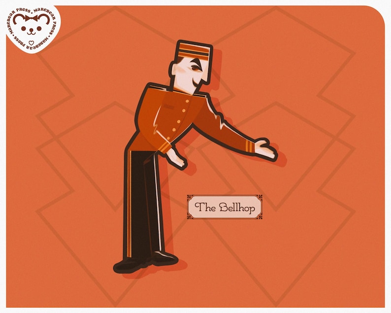 May include: Illustration of a bellhop in a vintage style. The bellhop is wearing a brown uniform with black pants and a hat. The text "The Bellhop" is displayed on a banner below the figure, set against an orange background.