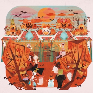 May include: A colorful illustration of a Halloween-themed amusement park with a variety of characters and decorations. The park features a large, orange pumpkin-shaped building with a sign that reads "Make Boo Nice". There are also several trees with orange and brown leaves, and a variety of other decorations, including pumpkins, ghosts, and bats.