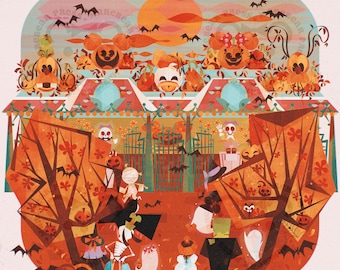 Może przedstawiać: Kolorowa ilustracja parku rozrywki z motywem Halloween, z różnymi postaciami i dekoracjami. Park posiada duży, pomarańczowy budynek w kształcie dyni z tabliczką z napisem "Make Boo Nice". Są też różne drzewa z pomarańczowymi i brązowymi liśćmi oraz różne inne dekoracje, w tym dynie, duchy i nietoperze.