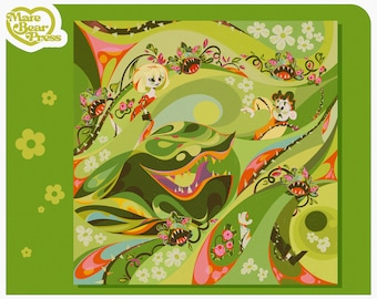 May include: A colorful illustration of a green, toothy plant with a pink and yellow flower. The plant is surrounded by other plants and flowers, including a yellow flower with a pink center, a white flower with a yellow center, and a pink flower with a white center. The illustration is set against a green background.