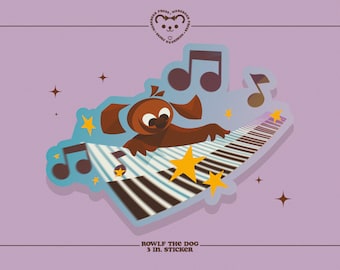 May include: A brown cartoon dog playing a keyboard with musical notes and stars around it. The sticker says "ROWLF THE DOG 3 in. STICKER".