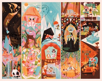 May include: A colorful illustration of a fairytale world with five different scenes. The scenes include a pirate ship, a house with a girl in the window, a puppet show, a forest with a dark figure, and a castle with a fountain.