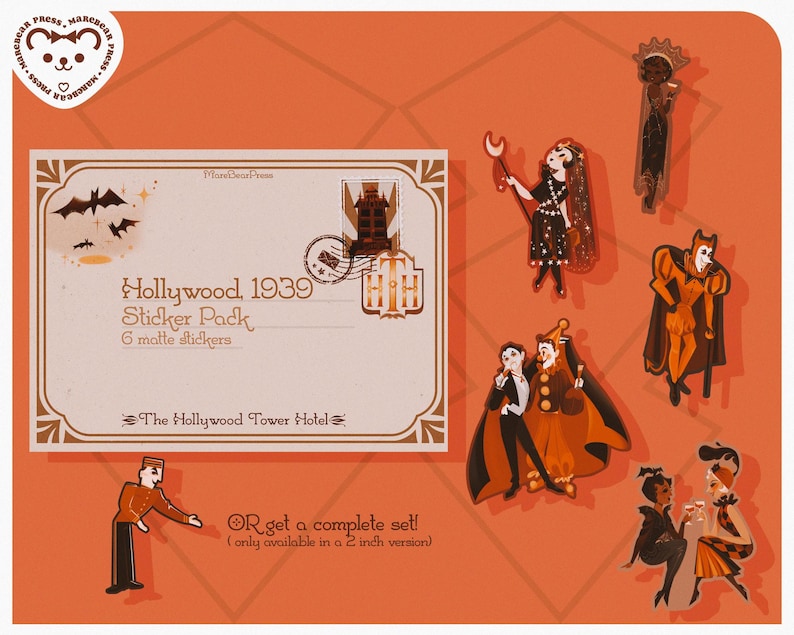 May include: An orange background features a sticker pack with the text "Hollywood, 1939 Sticker Pack". The pack includes six matte stickers of vintage Hollywood-themed characters. The stickers are approximately 2 inches in size.
