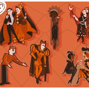 May include: A collection of stylized stickers featuring vintage-inspired illustrations of characters in costumes. The characters include a vampire, a jester, a devil, and other figures, all set against an orange background. The stickers are designed with a retro aesthetic.