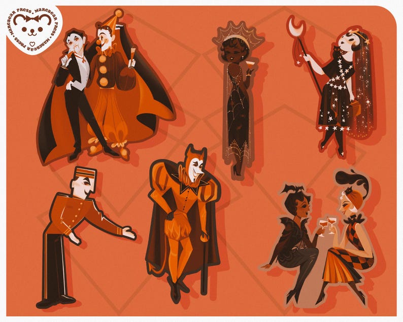 May include: A collection of stylized stickers featuring vintage-inspired illustrations of characters in costumes. The characters include a vampire, a jester, a devil, and other figures, all set against an orange background. The stickers are designed with a retro aesthetic.
