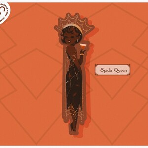 May include: Illustration of a woman in a black dress with spiderweb detailing, holding a cocktail. The image has a vintage art deco style, with the words "Spider Queen" in a decorative frame. The background is orange.