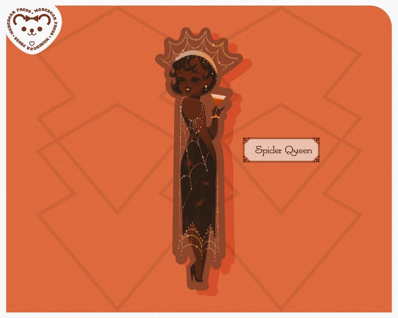 May include: Illustration of a woman in a black dress with spiderweb detailing, holding a cocktail. The image has a vintage art deco style, with the words "Spider Queen" in a decorative frame. The background is orange.
