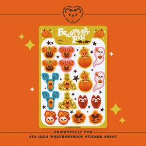 May include: A 4x6 inch weatherproof sticker sheet with a Halloween theme. The sheet features various cartoon characters, including pumpkins, ghosts, and bats, in orange, yellow, and blue. The text "FRIGHTFULL FUN" is displayed at the top.