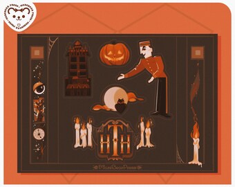 Op de afbeelding: Een donkerbruin stickervel met Halloween-thema illustraties. Inclusief een pompoen, een spookhuis, een piccolo, een kat op een maan, kaarsen en de letters "HH". Het stickervel heeft een oranje rand en de tekst "MarsBearPress".
