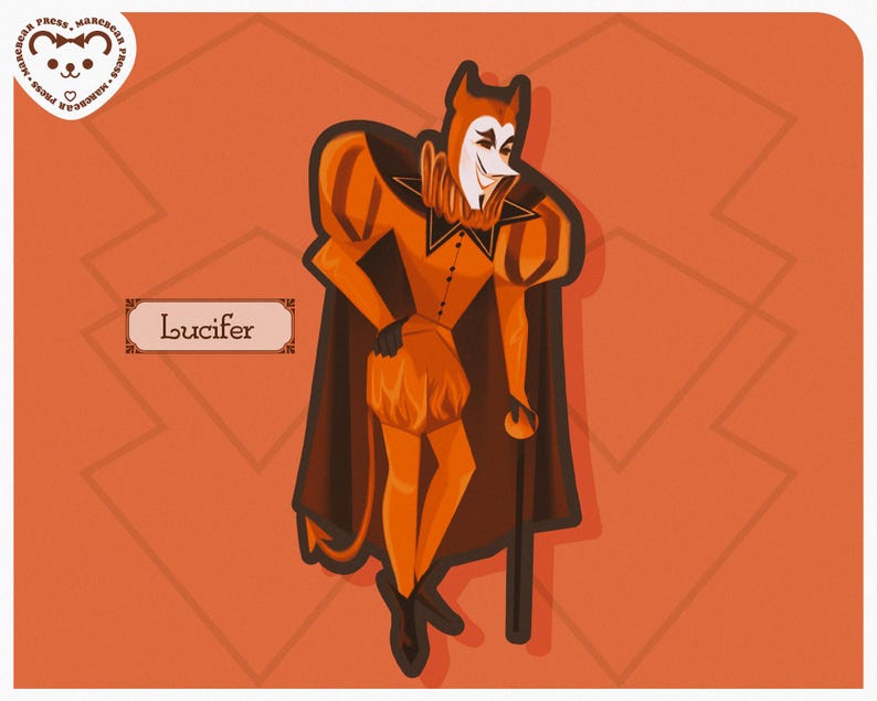 May include: Illustration of Lucifer in orange and black attire, including a cape, puffy sleeves, and a mask. The character is holding a cane and the word "Lucifer" is displayed in a decorative frame. The background is orange with geometric shapes.
