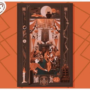 May include: A Halloween-themed illustration with a dark brown border and an orange background. The artwork features a full moon, an owl, pumpkins, bats, and figures in costumes. The text "HTH" is at the bottom. The image has a vintage, storybook aesthetic.