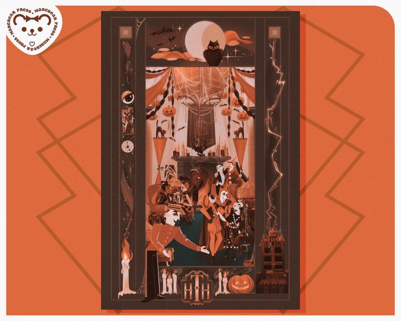 May include: A Halloween-themed illustration with a dark brown border and an orange background. The artwork features a full moon, an owl, pumpkins, bats, and figures in costumes. The text "HTH" is at the bottom. The image has a vintage, storybook aesthetic.