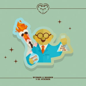 May include: A 3 inch sticker featuring a cartoon character wearing a blue suit and glasses, holding a beaker labeled "Insta Grow Pills" and a red puppet labeled "Muppet Labs".