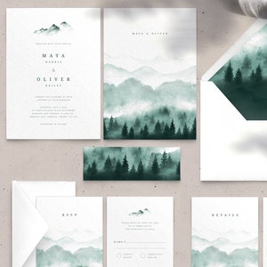 Pine Tree Forest wedding invitation suite, PRINTED wedding invitation cards on luxury Italian paper