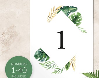 Table Numbers 1-40 - Tropical Wedding Table Numbers Printable - Table Numbers Wedding - Table Decor - Printable PDF Digital Download