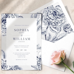Navy blue winter wedding invitations floral, Botanical wedding invitation set - PRINTED on luxury Italian paper