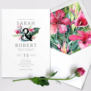 Destination Wedding Invitation Set, Tropical Wedding Invitation, Floral Beach Wedding Invitations - PRINTED on luxury Italian paper