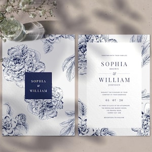 Unique wedding invitation, Blue floral wedding invitations suite - PRINTED on luxury Italian paper