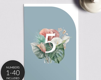 Dusty blue wedding reception table numbers wedding template, floral table numbers - No. 1-40, Printable PDF Digital Download.
