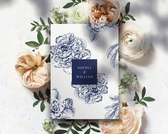 Blue floral wedding invitation suite - Elegant floral wedding invitations - PRINTED on luxury Italian paper