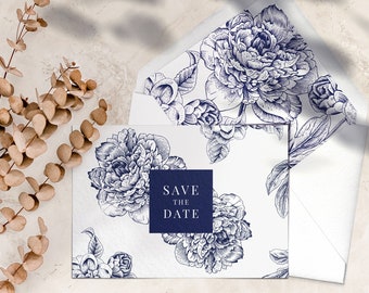 Wedding Save The Date Cards, Navy Blue Floral Wedding Save The Dates, Personalised Printed Save The Date Cards