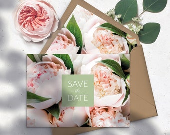 Peonies Wedding Save The Dates - Floral Botanical Save The Date Cards - Peony Wedding Decor - Personalised Printed Cards