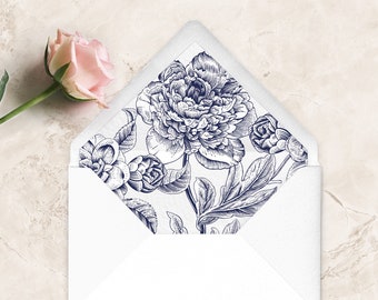 Navy Blue Floral Envelope Liners, Botanical Elegant Wedding Decor, Printed liners