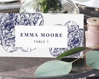 Floral navy place cards, wedding escort cards, PRINTED - blank place cards or table name cards