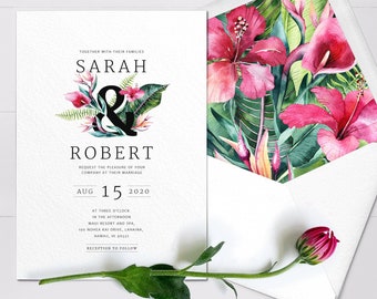 Destination Wedding Invitation Set, Tropical Wedding Invitation, Floral Beach Wedding Invitations - PRINTED on luxury Italian paper