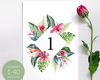 Wedding Table Numbers Printable, No. 1-40, Tropical Floral Wedding Table Decor, Printable PDF Digital Download.