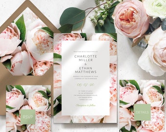 Rustic Floral Wedding Invitation Set, Pink Floral Wedding Invitation, Boho Wedding Invitations - PRINTED on luxury paper