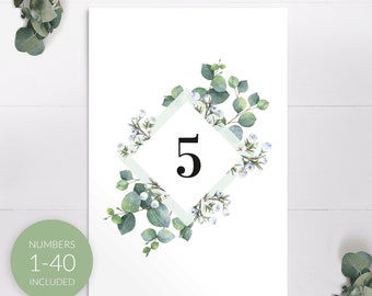 Wedding Rustic Printable Table Numbers, No. 1-40, Greenery Wedding Table Decor, Printable PDF Digital Download.