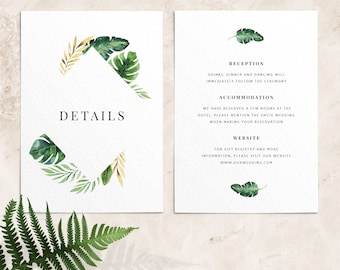 May include: Double-sided wedding details card with a tropical theme. The front features a green and gold leafy design with the word "DETAILS" in black text. The back has the words "Reception", "Accommodation", and "Website" with details about the wedding.