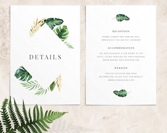 Tropical wedding details card - Destination wedding detail cards - Beach wedding information card - Printed details cards