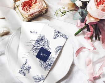 Floral wedding menu cards navy blue - Navy wedding menu - Botanical wedding decor - Personalized printed menus