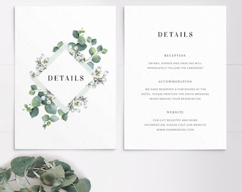 Eucalyptus greenery wedding details card - Wedding info card - Wedding invitation details card - Printed cards