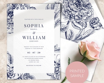 Navy blue wedding invitation SAMPLE - Floral Wedding Invitation - Wedding Invite - PRINTED non-personalised sample