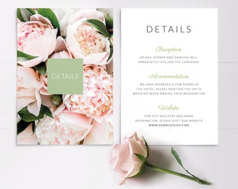 Floral wedding details card - blush pink wedding details cards - Wedding insert card - Printed details cards