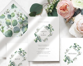 Greenery Eucalyptus Wedding Invitation - Wedding Invitation Set - Botanical Winter Wedding Invitation - PRINTED on luxury Italian paper