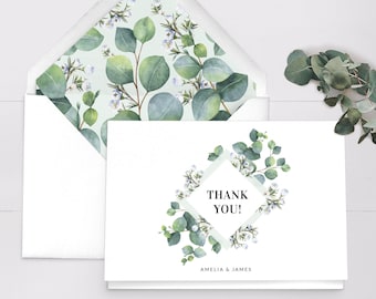 Wedding thank you cards pack, Eucalyptus greenery thank you cards, Floral thank you cards, Personalized printed thank you cards
