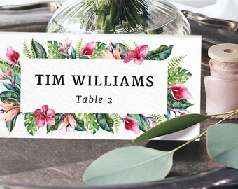 Tropical wedding place cards, wedding escort cards, PRINTED - blank place cards or table name cards