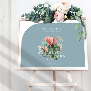 Dusty blue welcome to our wedding sign, Floral wedding welcome sign template, Personalised PRINTABLE PDF
