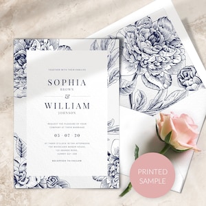 Navy blue wedding invitation SAMPLE Floral Wedding Invitation Wedding Invite PRINTED non-personalised sample image 1