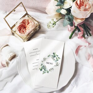 Karty menu weselnego Greenery - Menu weselne Eucalyptus - Menu mariage - Spersonalizowane drukowane menu