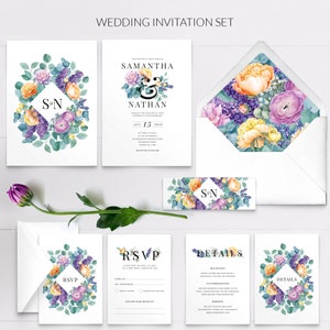 Botanical Wedding Invitation Wedding Invitation Set Rustic Floral Wedding Invitation Watercolor Wedding Invitation PRINTED invite Full Invitation Set