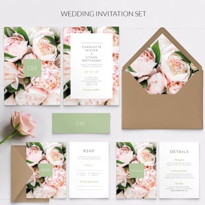 Rustic Floral Wedding Invitation Set, Pink Floral Wedding Invitation, Boho Wedding Invitations PRINTED on luxury paper Full Invitation Set